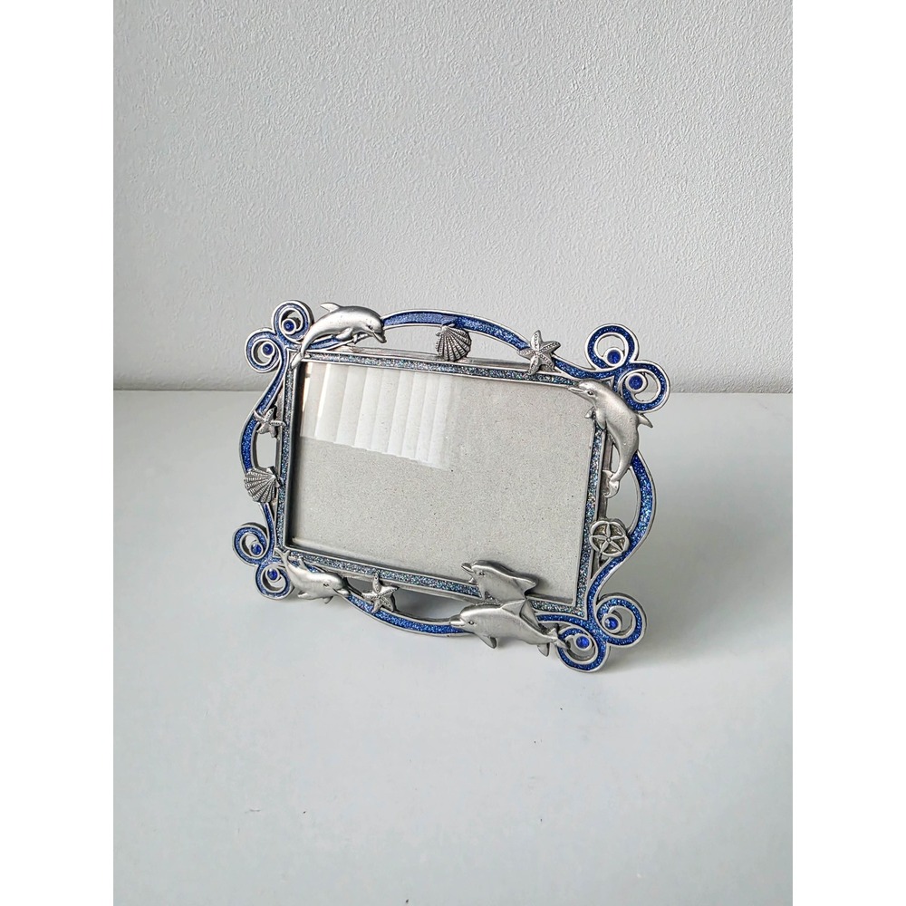 Vintage Y2K Dolphin Nautical Pewter Picture Frame Blue Glitter Rhinestone 4x6